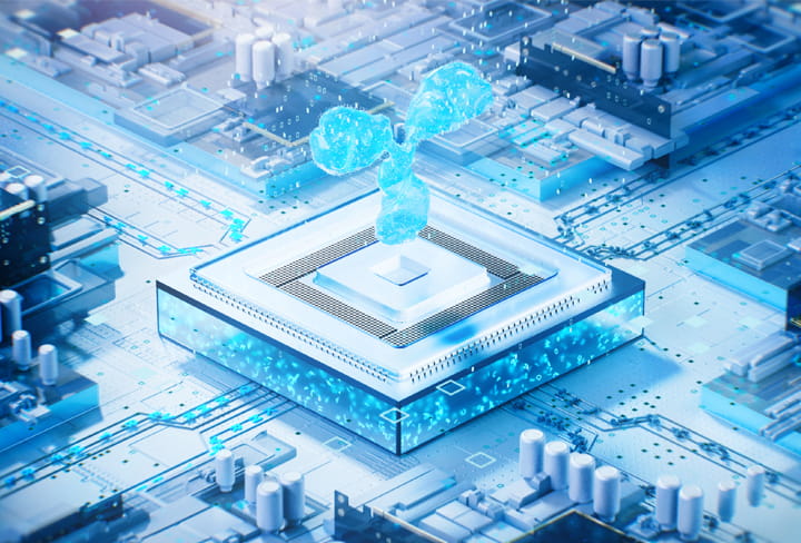 Image of a blue antibody on a white computer chip with circuits running in and out of the chip.